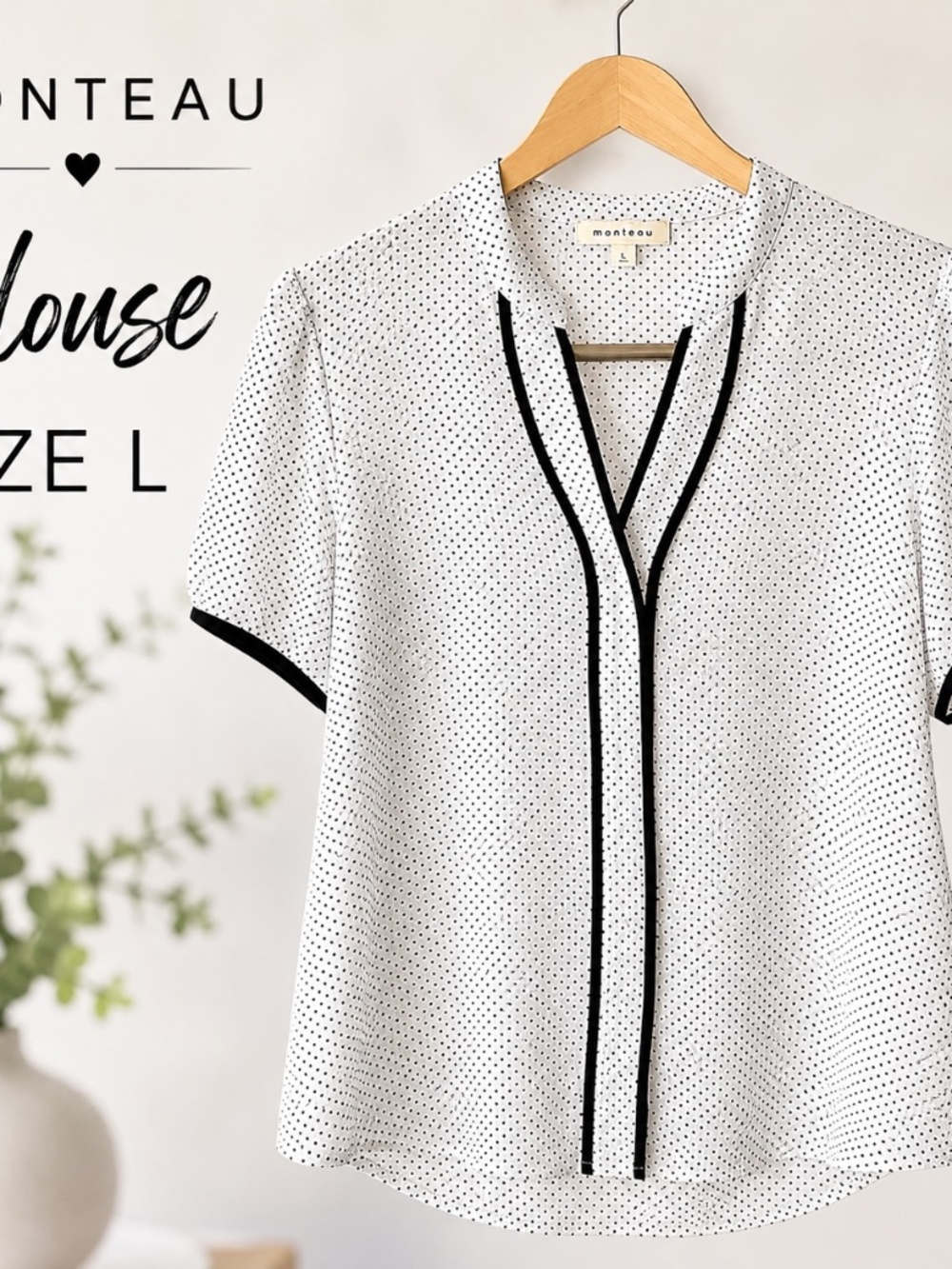 Monteau Polka Dot Blouse Size L Black White Short Sleeve Top